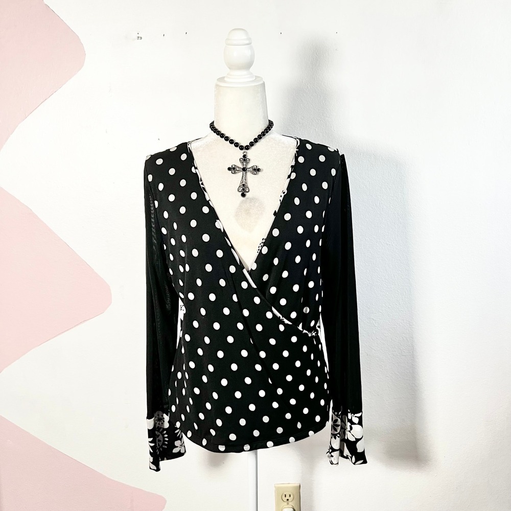 Vtg Y2K Black Polka Dot Top Womens XL Floral‎ Mesh Goth Whimsigoth